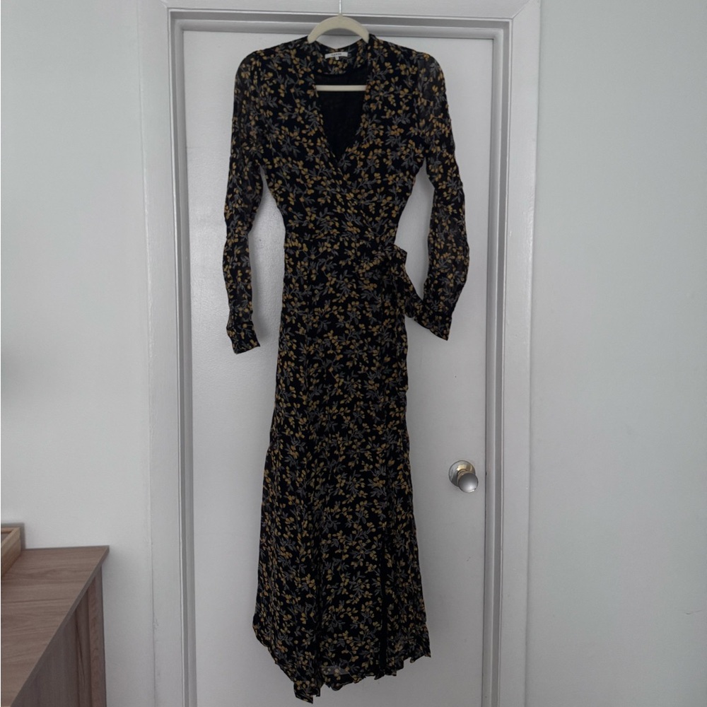 Ganni Black and Yellow Floral Long Sleeve Dress Midi / Maxi Wrap Dress